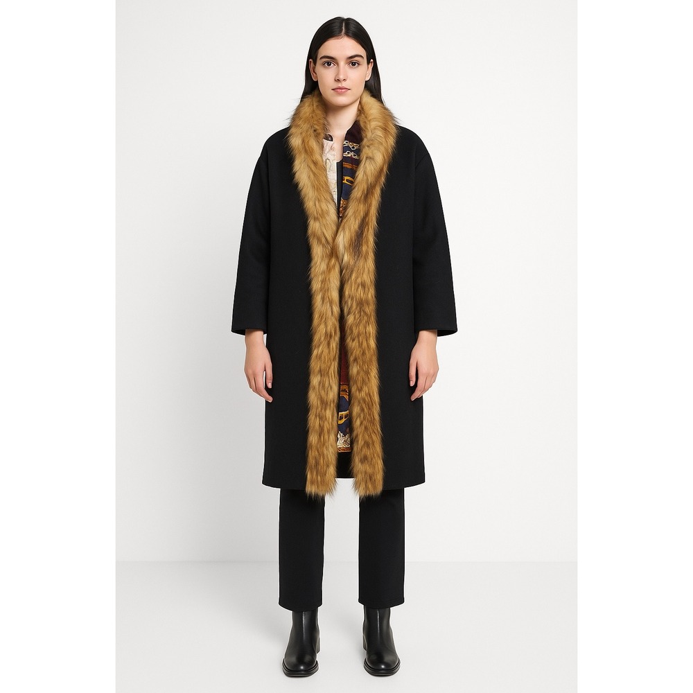 Zara Black Wool Coat w/ Faux Fur Trim & Baroque Lining Vintage Style S